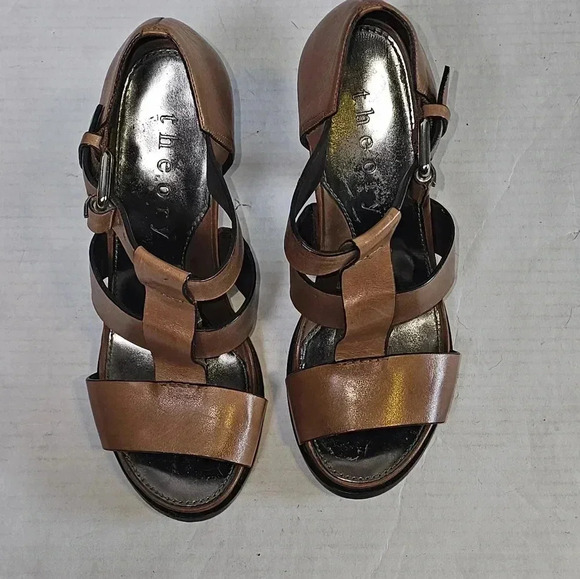 THEORY Brown T Strap Women Platform Heels Sz 7/37.5 - Picture 4 of 9